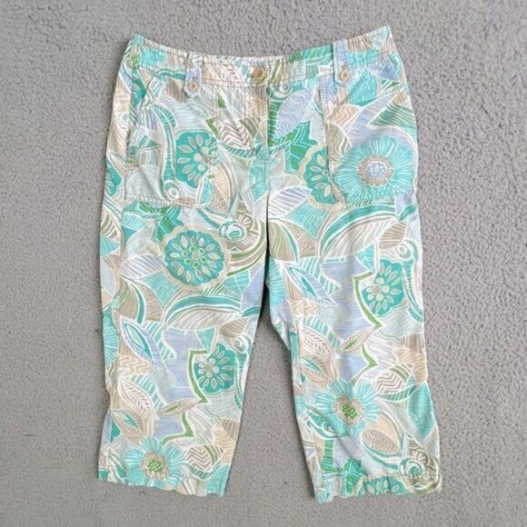 SIGRID OLSEN WOMENS CAPRIS SIZE 6 TURQUOISE & GRAY FLORAL DESIGN - Picture 1 of 9